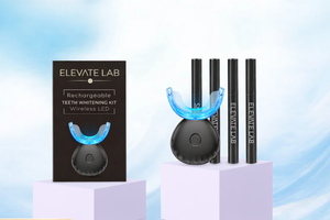 Elevate Lab teeth whitening kit with packaging on a light blue background