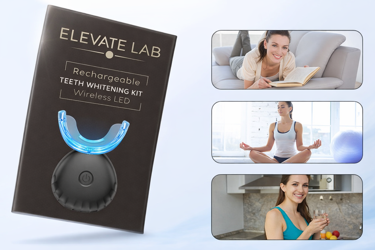 Elevate Lab teeth whitening kit packaging with lifestyle images of a woman.