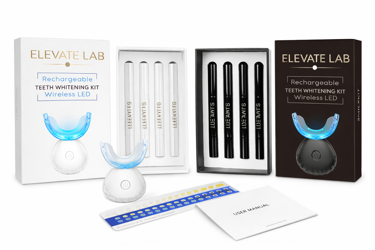 Elevate Lab teeth whitening kit with packaging, LED light, and components on a white background