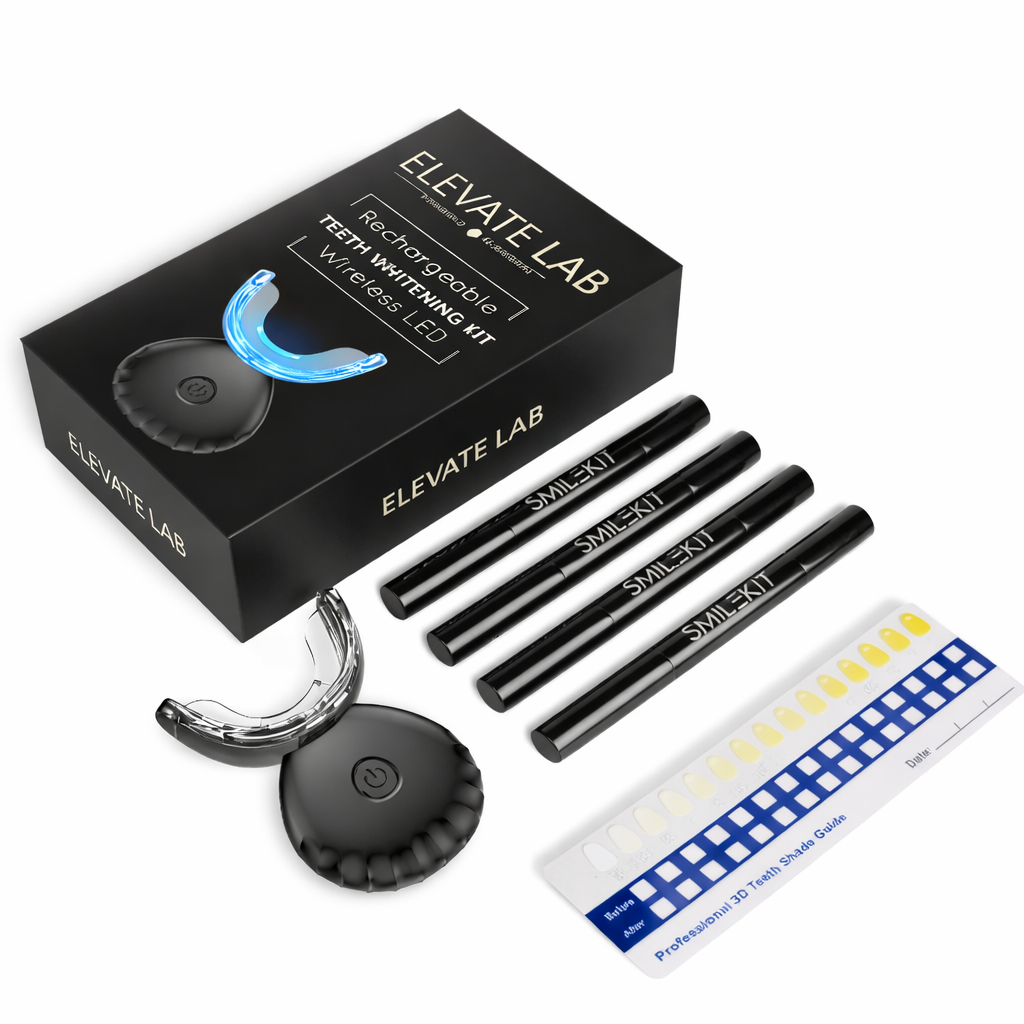 Elevate Lab teeth whitening kit with packaging, LED light, and measurement strips on a white background